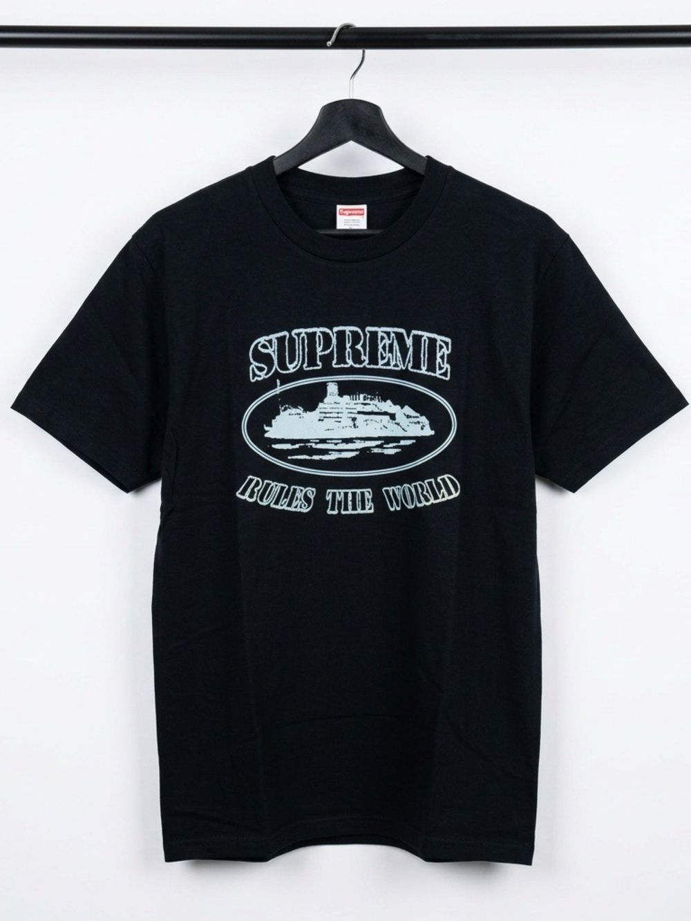 Supreme Black T-Shirt with Light Blue 'Rules The World' Graphic